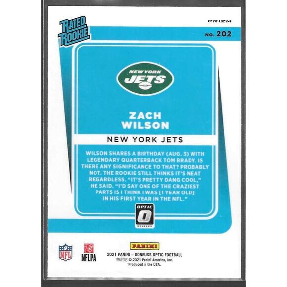 2021 Donruss Optic ZACH WILSON SILVER HOLO Rated ROOKIE Jets #202 - Picture 2 of 2